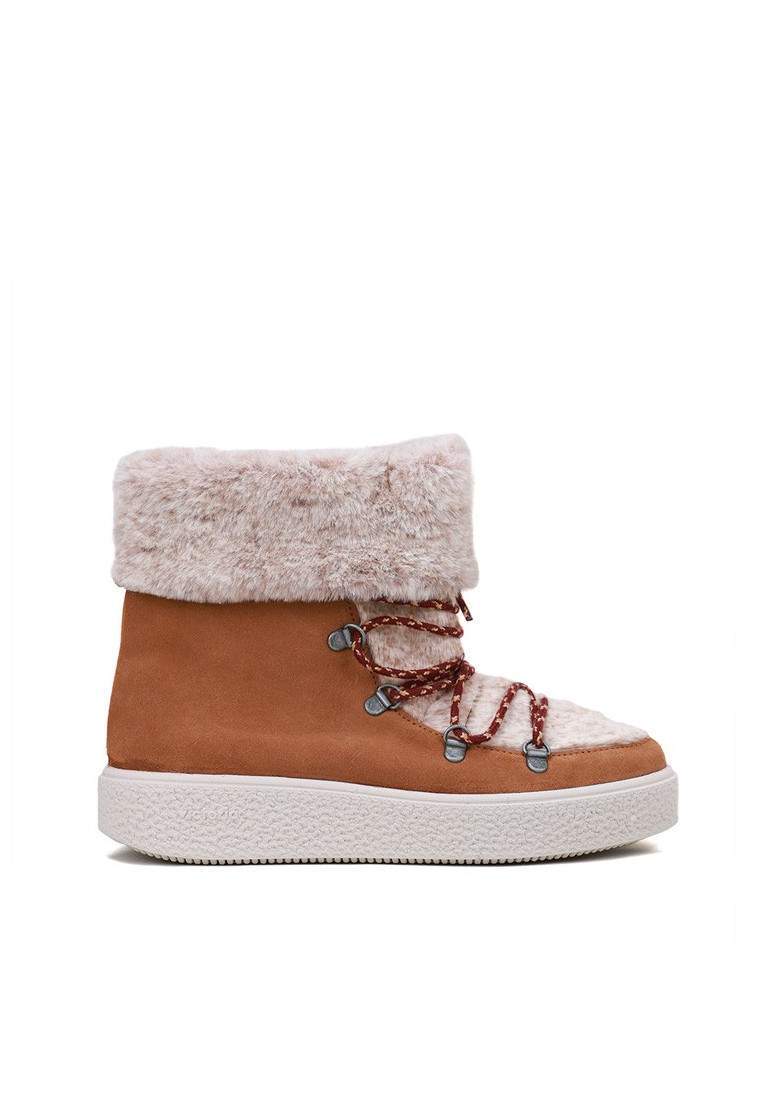 victoria bottine cuir et fourrure lacee camel