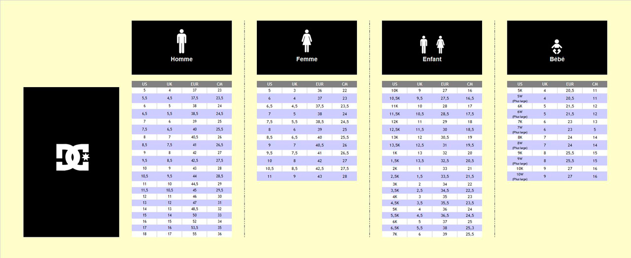 guide des tailles dc